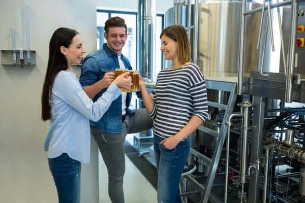 Three friends sharing a toast with craft beers during a brewery tour in Brisbane, with stainless steel brewing tanks in the background, highlighting the engaging experience of local beer crafting.