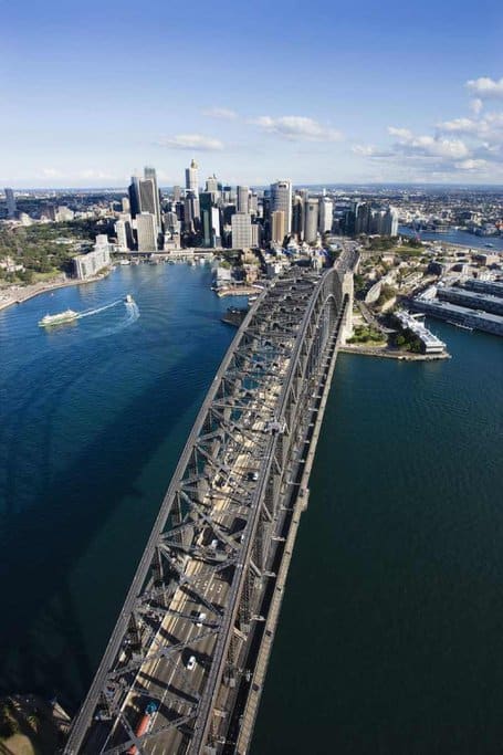 Aerial view of Sydney Harbour Bridge with city skyline, illustrating the bustling urban lifestyle as a con of living in Sydney due to traffic but also a pro for its connectivity and iconic landmarks.