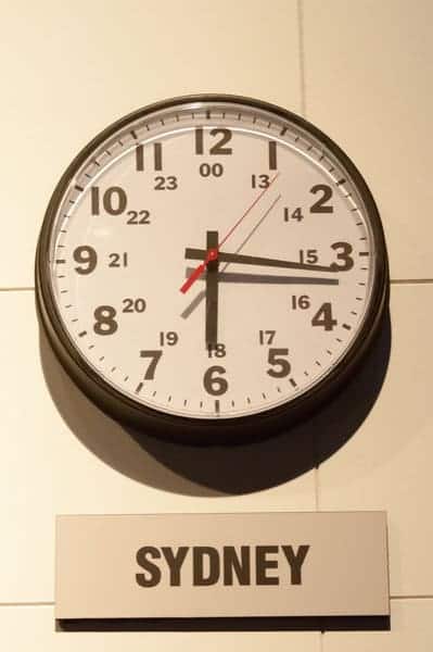 Wall clock displaying the time in Sydney, with the city's name labelled below. This image illustrates the time difference between Sydney and Perth, relevant to the blog post discussing travel planning and schedules across Australian time zones.