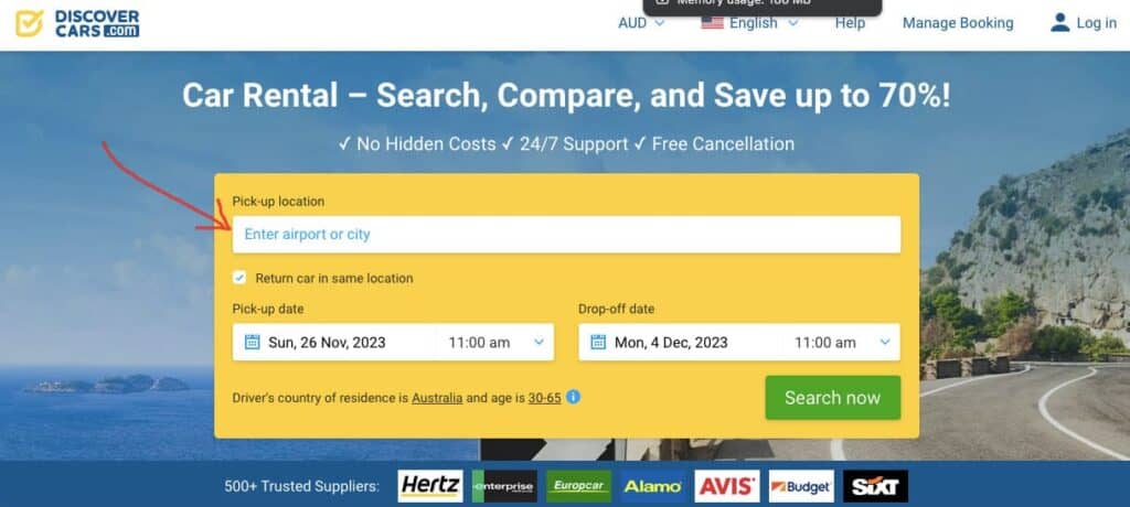 View of the DiscoverCars website interface showing the pick-up location and date selection fields, essential for planning your car rental on the Gold Coast.