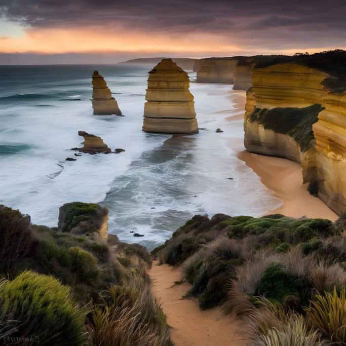 Experience the Twelve Apostles as a breathtaking highlight of your Melbourne itinerary. Towering limestone stacks rise majestically from the ocean along a rugged coastline at sunset. Waves crash against the shore, while a narrow path winds through dense vegetation in the foreground.