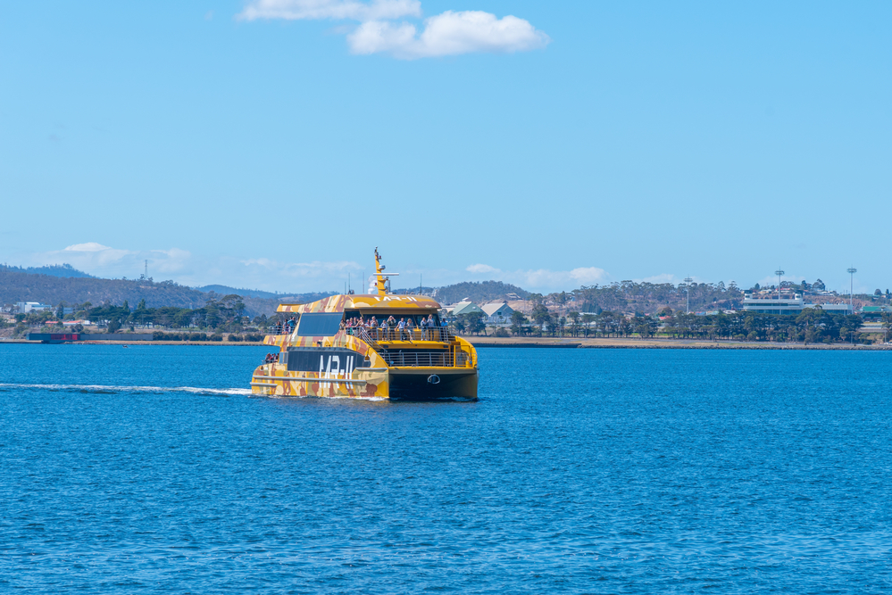 HOBART, AUSTRALIA, FEBRUARY 22, 2020: Ferry bringing tourists to MONA gallery in Hobart, Australia
