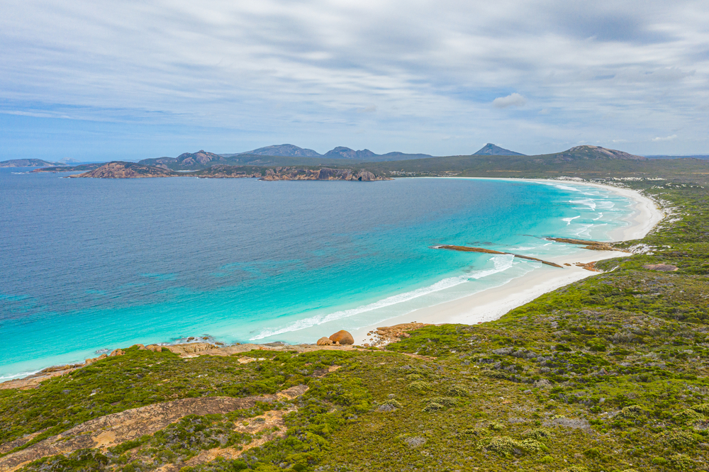 Aerial view of Lucky bay near Esperance viewed during a cloudy day, Australia