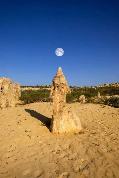 Stunning limestone pinnacle in the desert near Perth, with the moon overhead, capturing the natural beauty of Western Australia. This image highlights the incredible landscapes visitors can explore, reinforcing why Perth is a great destination for nature lovers and adventure seekers.
