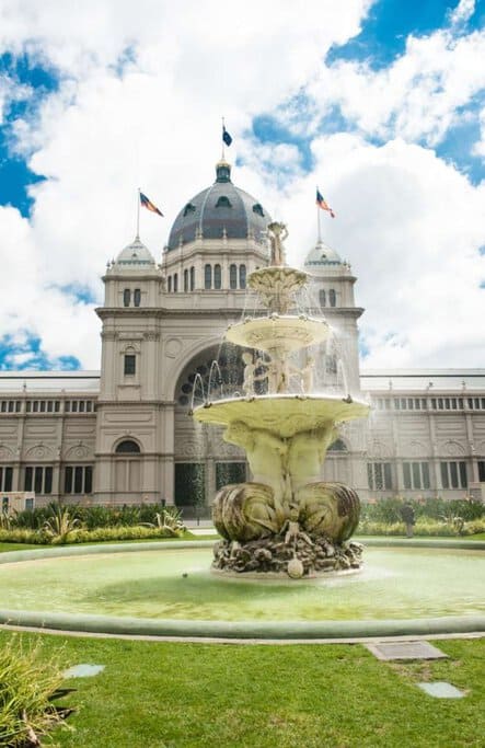 The Royal Exhibition Building in Melbourne with its ornate fountain, a UNESCO World Heritage site and one of the must-visit historical landmarks in Victoria.